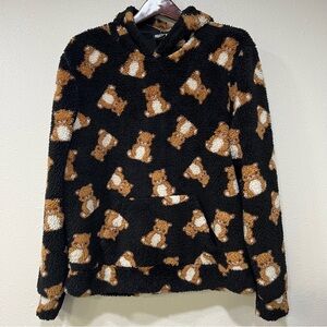 Hot Topic Teddy Bear Sherpa Hoodie Black Long Sleeve Ears Kangaroo Size Small